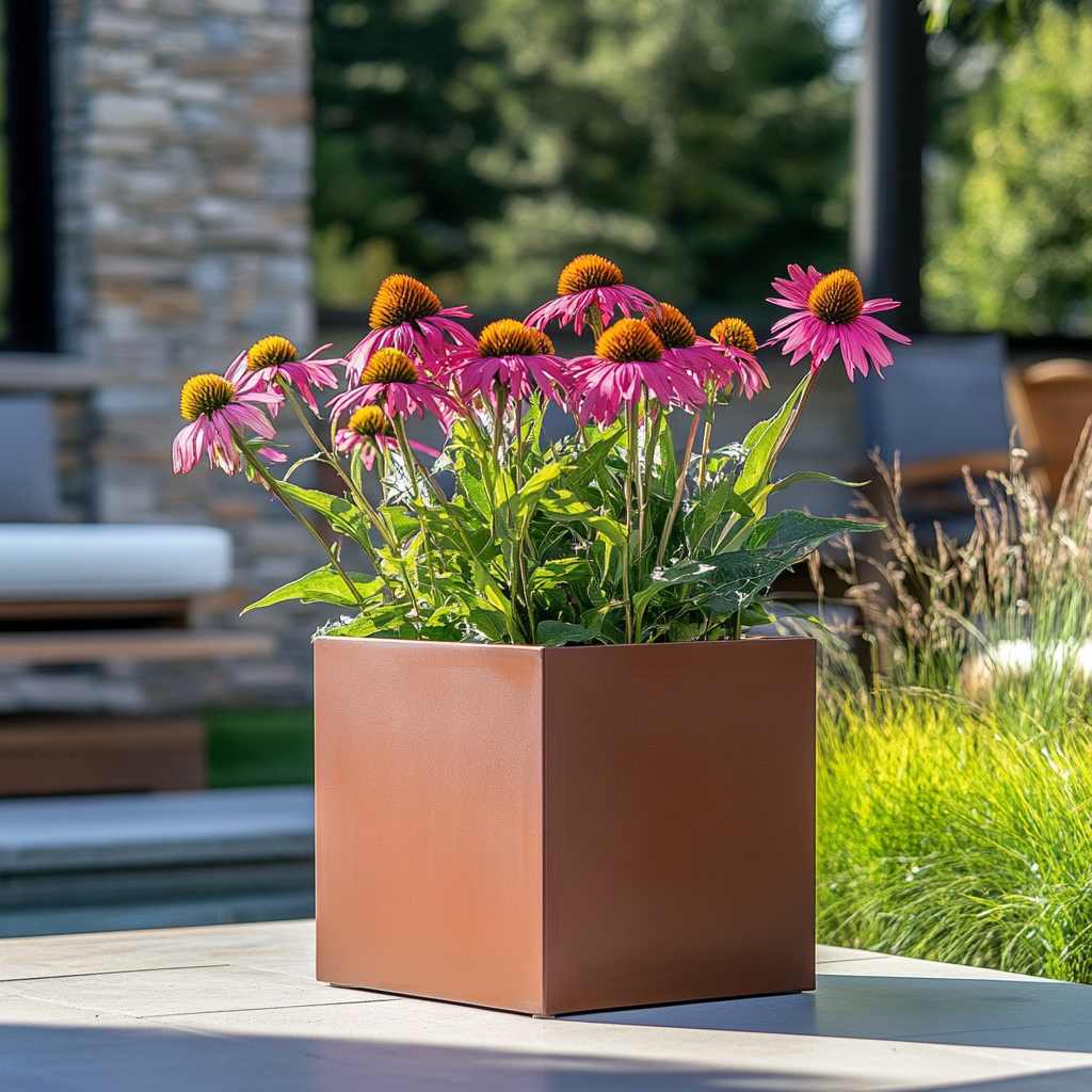 Nectar-Rich Flowers That Attract Butterflies: Create a Pollinator Patio with Planters 3 jay scotts 12776 coneflower flower in square brown fiberglass 05a9c30c 62f6 429c b569 4e7b95ebb90e 2