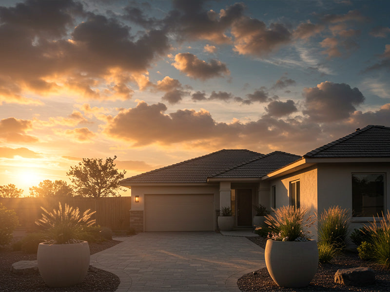 A modern suburban home at sunset features a soft beige exterior and a clean paved driveway, framed by two large round planters with ornamental grasses that sway gently in the breeze, creating an inviting and elegant curb appeal.