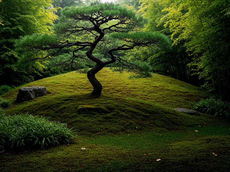 A tranquil Japanese garden scene featuring a sculptural pine tree on a gentle moss-covered hill, surrounded by lush greenery and shaded by dense forest trees.