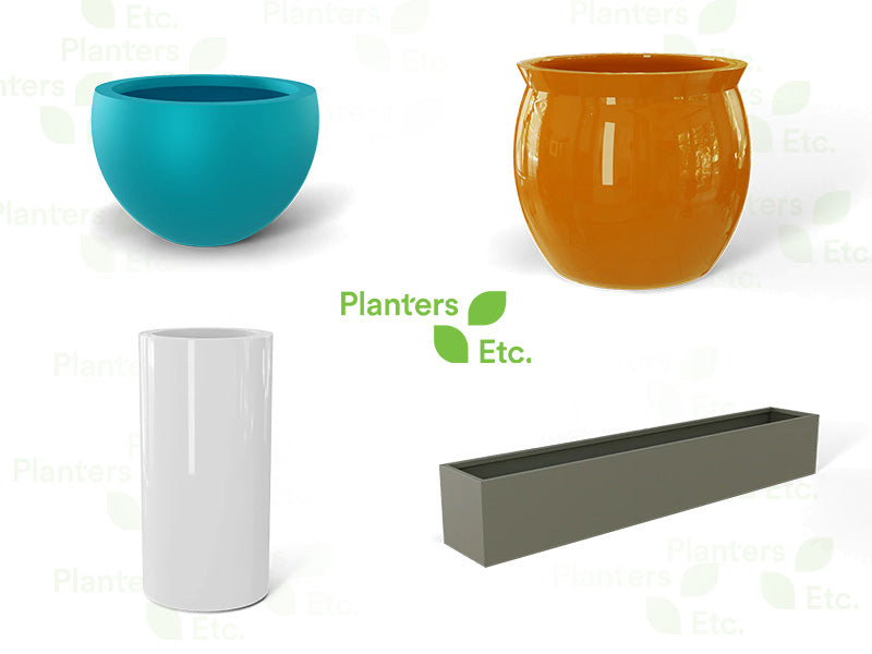 A selection of four modern fiberglass planters in various shapes and colors, including a turquoise bowl, glossy orange round pot, tall white cylinder, and long rectangular gray trough, with the "Planters Etc." logo in the center. Planters are Shanghai Fish Bowl, Corry Cylinder, Wheeling Narrow Rectangular, and Tarragona
