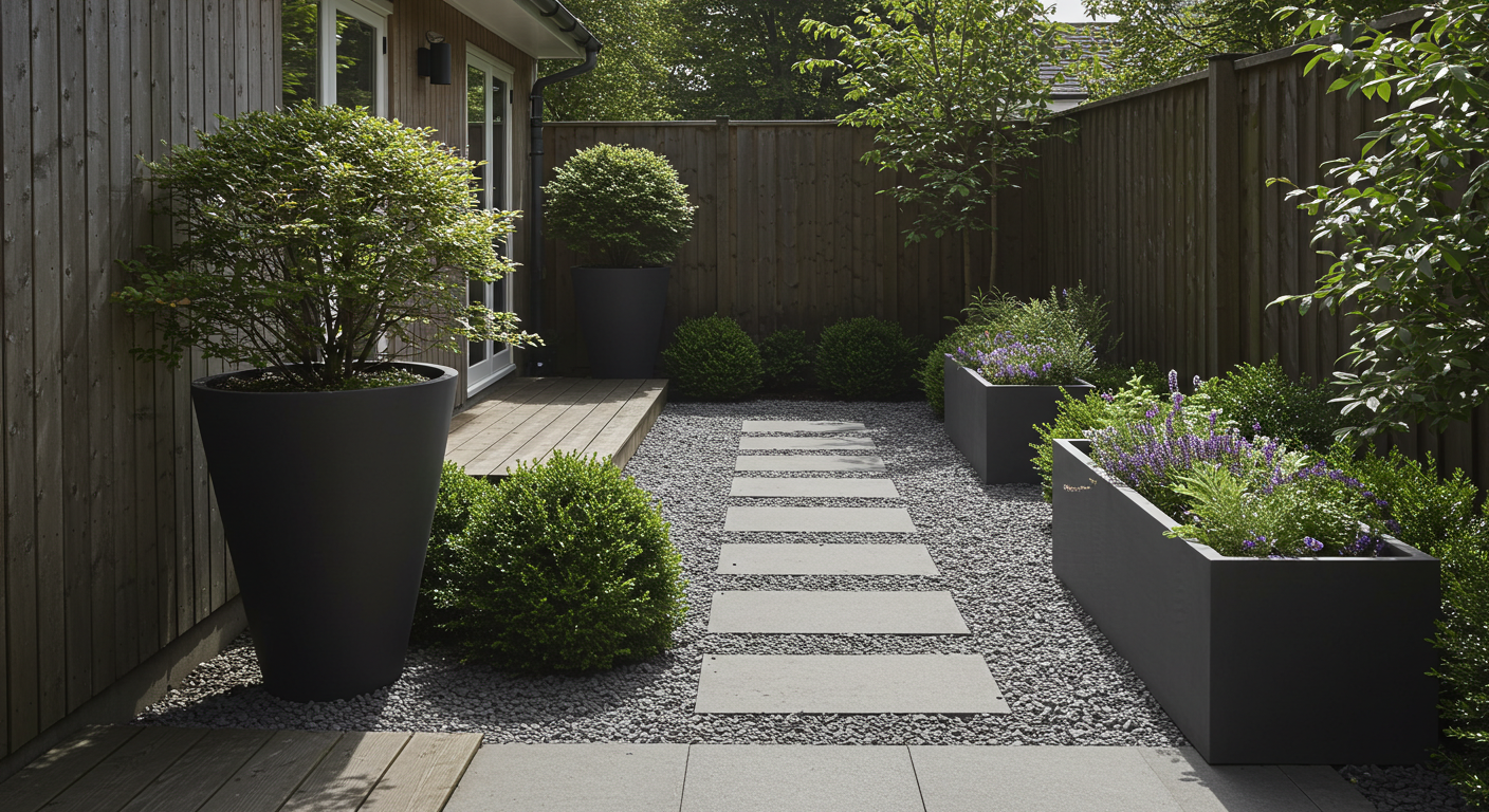 A modern Zen-inspired garden with a central stepping stone path flanked by black gravel, geometric planters filled with lavender and greenery, and tall matte black tapered planters near a wooden patio and fence.